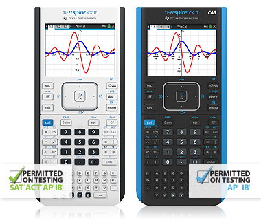 TI-Nspire CX II graphing calculators showing supported testing for SAT, ACT and IB